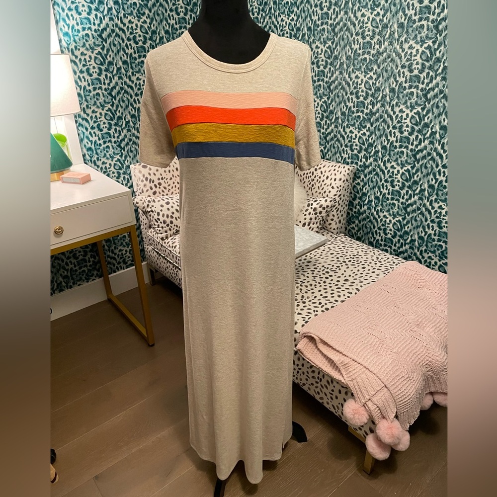 Striped Midi Dress - Beige with Multicolor Accents